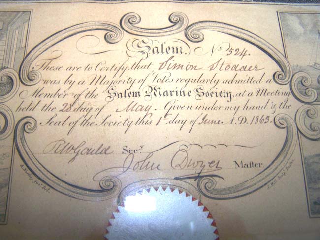 A Salem Marine Society Certificate dated June 1, 1863 — image 2